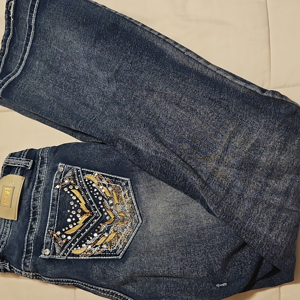 Womens Angel Bootcut Blue Jeans with Gold Embellishments Size 9